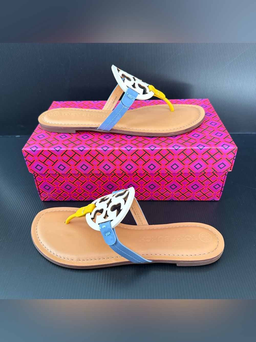 NIB Tory Burch Miller Bluewood Goldfinch Leather Sandals Flats Women’s Size 10